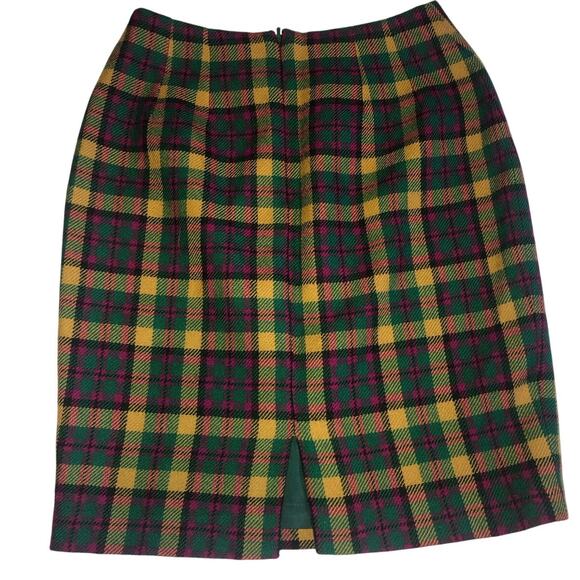 Plaid Wool Skirt Size XS Pencil Vintage Schoolgirl Twee Preppy Green Red Gold - Picture 7 of 8